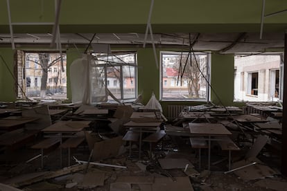 Classroom of School number 25 in Yitomir, completely destroyed by a Russian missile on March 4. 