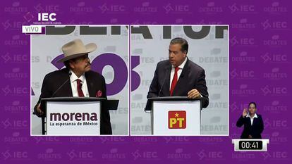 Armando Guadiana y Ricardo Mejía, candidatos de Morena y PT respectivamente, durante el debate por la gobernatura de Coahuila, el pasado 16 de abril.