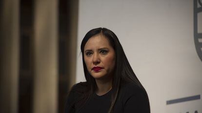 La alcaldesa de Cuauhtémoc, Sandra Cuevas, durante una comparecencia.