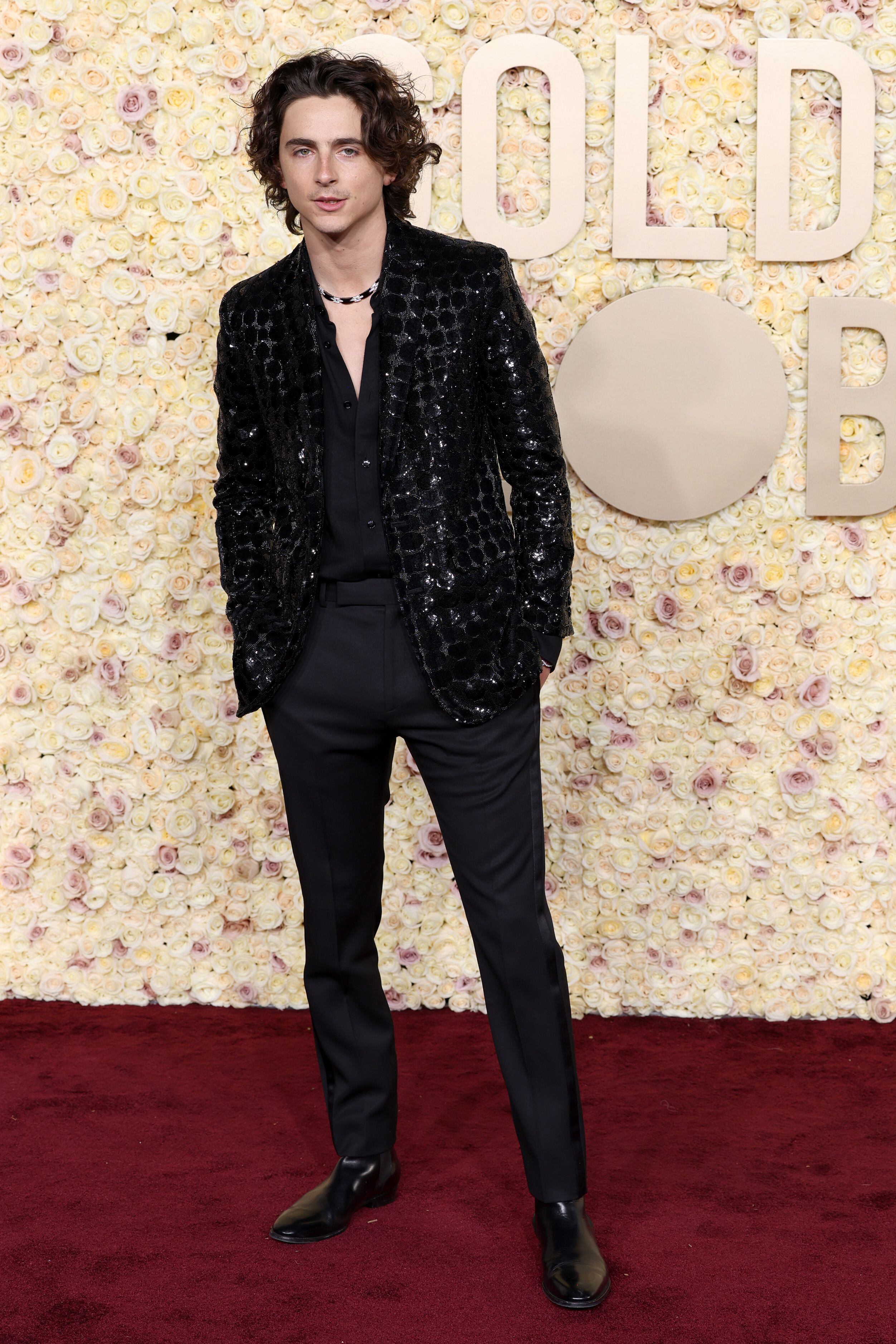 Timothée Chalamet, con americana de lentejuelas, nominado por su papel protagonista en la película 'Wonka'. Su 'look' es de Celine.