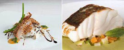 El skrei, según Andrés Madrigal: con sésamo y arroz, chupito de soja y muselina de ajo y asado con crema de guisantes.