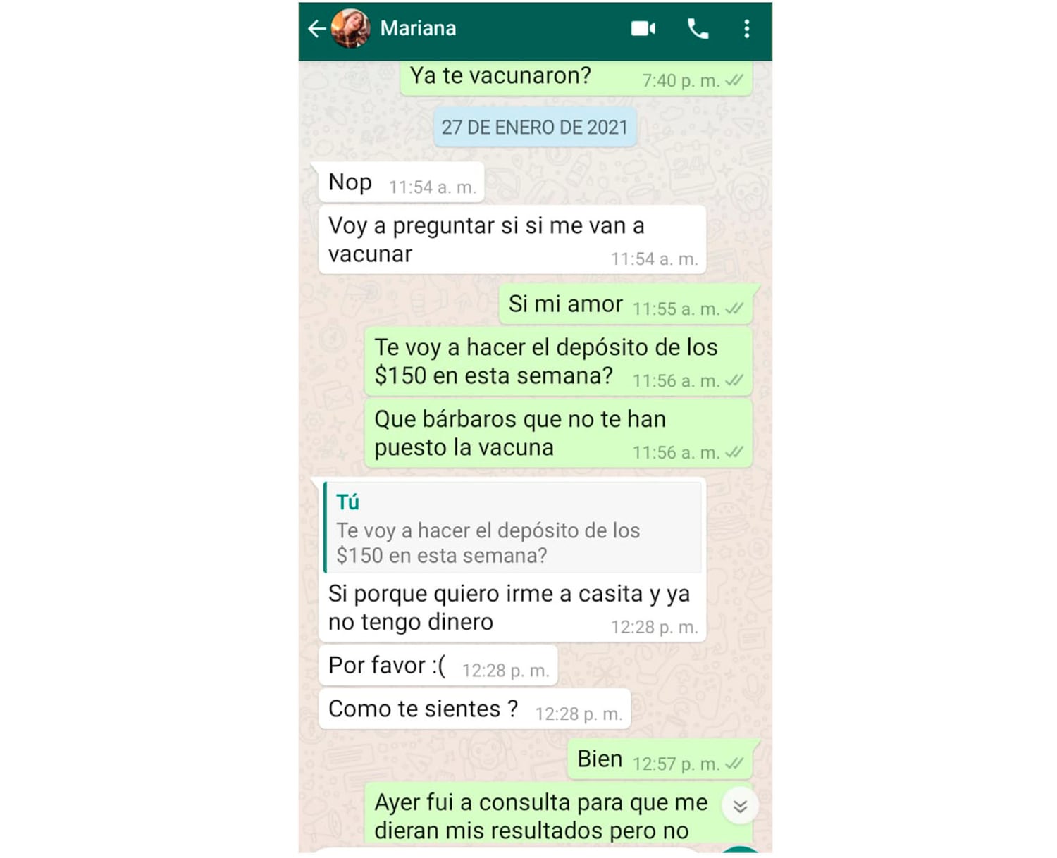 Mensaje del mismo día de su muerte, el pasado 27 de enero, en el que Mariana Sánchez le comenta a su madre que tiene planes para el fin de semana.