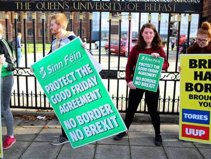 Protesta contra el Brexit en la Queen's University de Belfast, en Irlanda del Norte. 