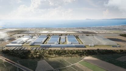 Imagen virtual de la futura gigafactoría de Volkswagen en Sagunto sobre los terrenos en los que se ubicará.