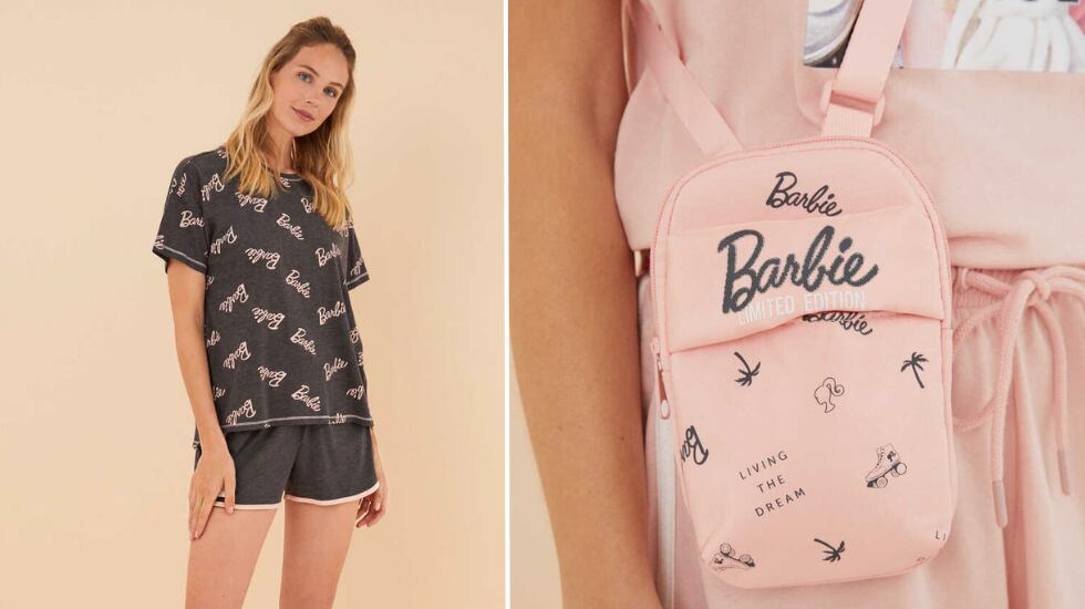 Barbie en Women’ Secret con artículos como pijamas, chanclas y otros accesorios color rosa y Barbiecore