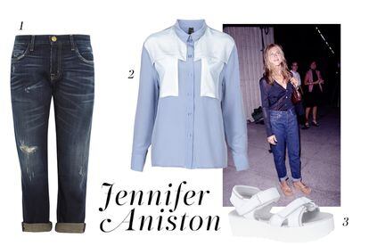 El look denim de Jennifer Aniston: 1. Pantalón vaquero de Current Elliot (c.p.v). 2. Camisa de Topshop (98 euros). 3. Sandalias de Pepa Salazar (c.p.v).