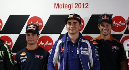 Pedrosa, Lorenzo y Stoner, ayer en Japón.