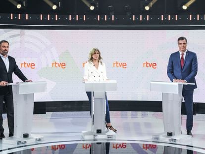 Santiago Abascal, Yolanda Díaz y Pedro Sánchez, en el debate electoral de RTVE el miércoles.