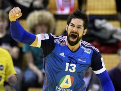 Karabatic celebra un gol con Francia durante el Europeo de Dinamarca.