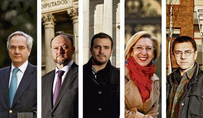 De izquierda a derecha: Pedro G&oacute;mez de la Serna (PP), Antonio Pradas (PSOE), Alberto Garz&oacute;n (IU), Rosa D&iacute;ez (UPyD) y Juan Carlos Monedero (Podemos). 