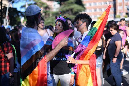 Varios jóvenes en la manifestación del Orgullo Crítico, que, bajo el lema "Sin papeles no hay Orgullo", se celebró el 28 de junio en Madrid.