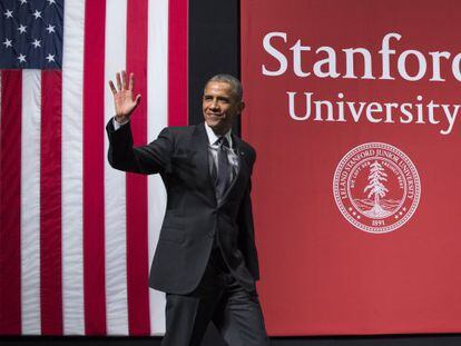 El presidente Barack Obama durante su intervenci&oacute;n en la Universidad de Stanford.