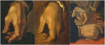 Detalle de las manos del artista en los tres retratos analizados.