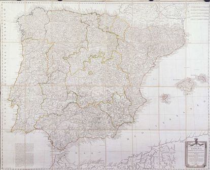 Mapa general de España, dividido en sus actuales provincias, islas adyacentes y reyno de Portugal, por Don Tomás López. 1810.