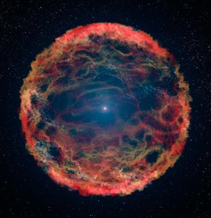 Visión artística de la supernova SN 1993J, en un sistema estelar binario de la galaxia M 81. La imagen muestra la estrella superviviente, en el centro, envuelta por los restos de su compañera destruida.