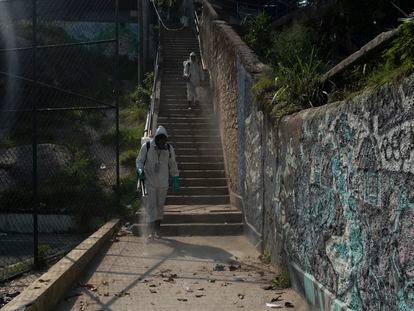 Personal sanitario desinfecta las calles de una favela en Río de Janeiro.