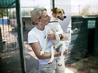 Una voluntaria abraza a un perro en el refugio para animales.