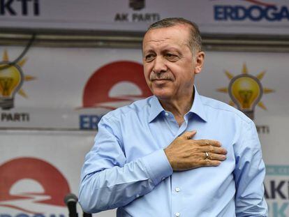 El presidente turco, Recep Tayyip Erdogan, el sábado en un acto de campaña en Estambul.  