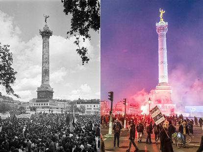 A la izquierda, la plaza de la Bastilla, en París, durante la manifestación de la CGT y el Partido Comunista el 1 de mayo de 1968. A la derecha, una manifestación contra el aumento de la edad de jubilación, en el mismo lugar, el pasado 7 de febrero.