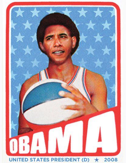Cartel del tejano James Harrison de apoyo a Barack Obama, representado como una estrella de la NBA.