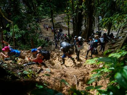 Migrantes caminan en la selva del Darién entre Colombia y Panamá, en abril de 2023.