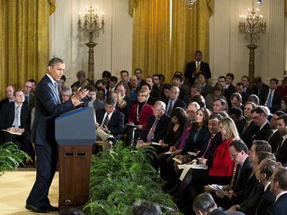 El presidente Obama durante la rueda de prensa en la Sala Este de la Casa Blanca.