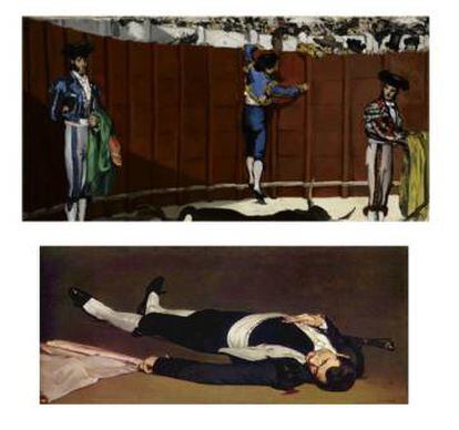 'Episodio de una corrida de toros' de Manet en sus dos mitades: 'El torero muerto', abajo, y 'Corrida de toros', arriba.