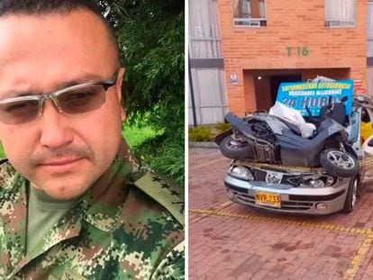 A la izquierda, el exmilitar colombiano John Leo Rocha, y a la derecha, dos de sus vehículos vandalizados por sus vecinos, en imágenes compartidas en redes sociales.