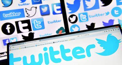 Varias pantallas muestran símbolos de Twitter y Facebook.