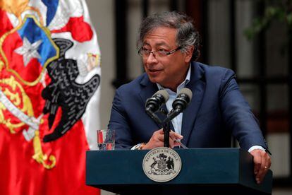El presidente de Colombia, Gustavo Petro, durante una rueda de prensa tras reunirse con Gabriel Boric, en Santiago, el 9 de enero de 2023.