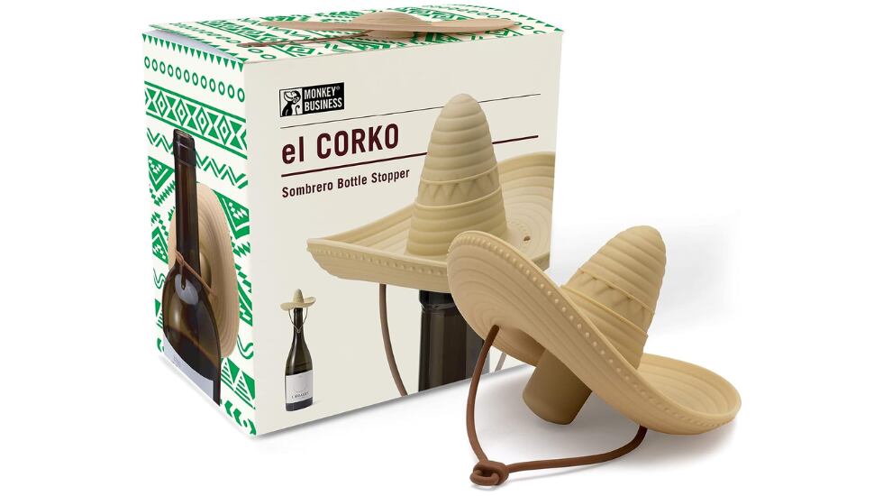 Tapón de silicona con forma de sombrero mexicano, sella la botella y mantiene el vino fresco.