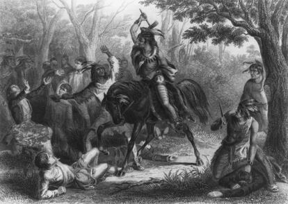 Tecumseh interviene para salvar a un prisionero en un dibujo de John Emmins.