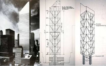 Boceto de la estructura diseñado por el ingeniero William LeMessurier. Los nervios diagonales de las fachadas dirigen la carga sobre los cuatro soportes que se sitúan en el centro de las caras del edificio, en lugar de en las esquinas.