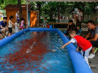 Padres con sus hijos en una piscina para pescar en un parque de Pekín, China, este miércoles.