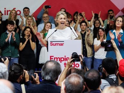 Yolanda Díaz, en la presentación de su candidatura con Sumar, en el polideportivo Magariños, en Madrid.