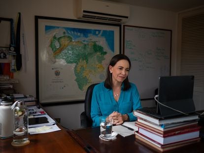 María Corina Machado durante una entrevista con EL PAÍS por Zoom, en Caracas, el pasado 6 de julio.