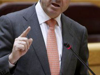 El ministro de Econom&iacute;a, Luis de Guindos, interviene durante la sesi&oacute;n de control celebrada esta tarde en el Senado, en Madrid.