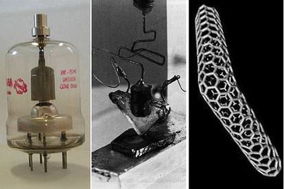 Evolución de los dispositivos electrónicos: un tubo de vacío, un transistor primitivo y el modelo de la estructura de un nanotubo.