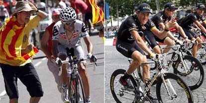 Sastre, durante la etapa del Tourmalet. A la derecha, Armstrong al frente del RadioShack, ganadores de la clasificación por equipos.