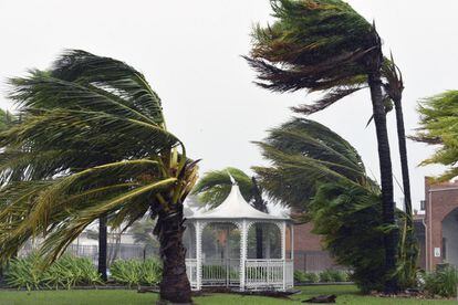 La Policía ha advertido de que si bien en la zona de Airlie podrían experimentarse condiciones "más apacibles", sigue siendo necesario que los residentes permanezcan en sus viviendas debido a que se encuentran en el ojo del ciclón. En la imagen, el fuerte viento azota la zona de Airlie Beach, en Queensland (Australia), el 28 de marzo de 2017.