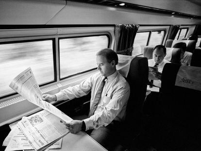 Joe Biden, en la línea de tren Wilmington-Washington DC en 1988.