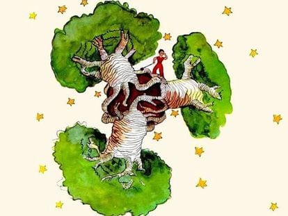Ilustración de 'El Principito', con los baobabs devorando el planeta.