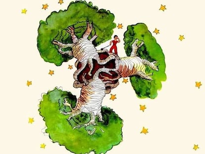 Ilustración de 'El Principito', con los baobabs devorando el planeta.