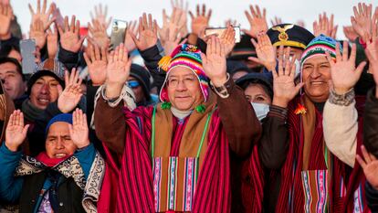 El presidente boliviano, Luis Arce, y el expresidente Evo Morales en la ceremonia aymara de Año Nuevo en junio de 2022.