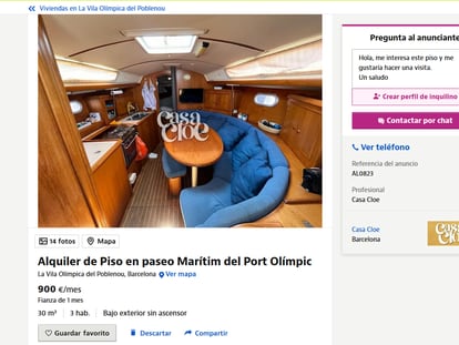 Captura del anuncio en Idealista de la vivienda de alquiler de temporada en una embarcación del Port Olímpic.