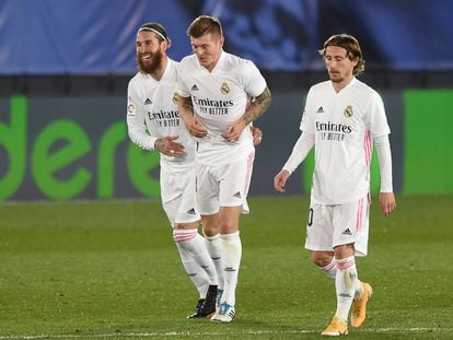 Sergio Ramos, Toni Kroos y Luka Modric, esta temporada contra el Athletic.