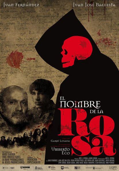 Cartel de 'El nombre de la rosa' versión teatral, con Juanjo Ballesta y Juan Fernández en los papeles principales.