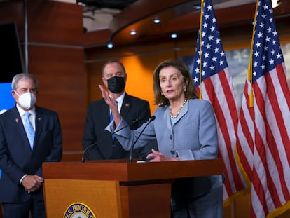 Nancy Pelosi, presidenta de la Cámara de Representantes, este lunes en el Capitolio, en Washington.