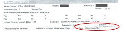 Extracto del certificado del despido falso del diputado Antonio Mouriño presentado ante el SEPE para intentar cobrar el paro.
