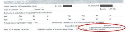 Extracto del certificado del despido falso del diputado Antonio Mouriño presentado ante el SEPE para intentar cobrar el paro.